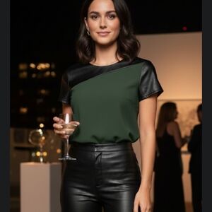 Armani Exchange Leather Trim Top Short Sleeve Olive Green Zip Up Blouse Shirt M